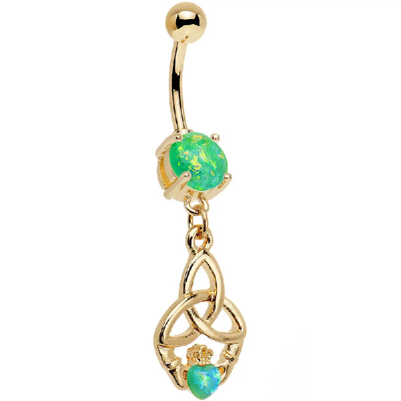 Comfortable Belly Rings for Glamorous Style -Green Faux Opal Gold Anodized Trinity Claddagh Dangle Belly Ring Comfortable Belly Rings for Glamorous Style -Green Faux Opal Gold Anodized Trinity Claddagh Dangle Belly Ring
