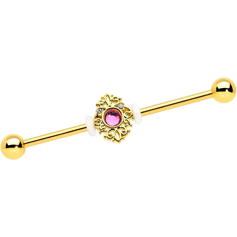 Women's Earrings – Elegant Designs for Every Personality--14 Gauge Clear Pink Gem Gold Tone Lace Love Industrial Barbell 38mm