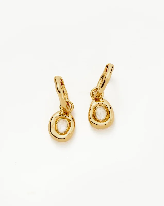 Women's Earrings – Elegant Designs for Every Personality--Molten Gemstone Doughnut Charm Mini Hoop Earrings | 18k Gold Vermeil/Rainbow Moonstone
