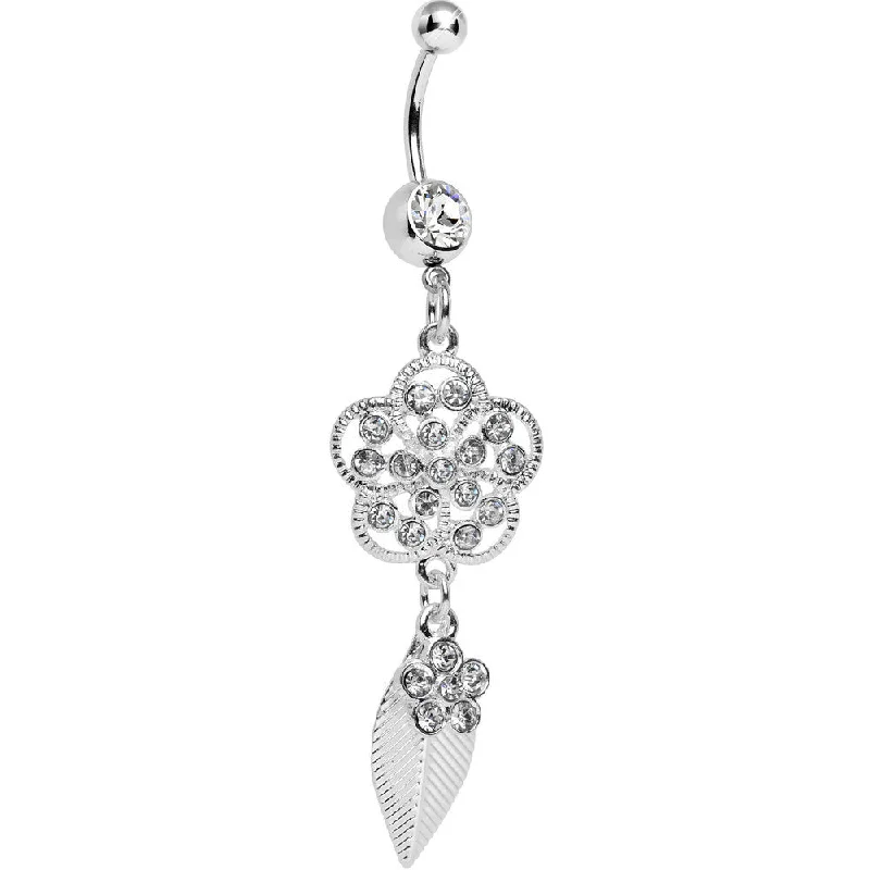 Stunning Belly Rings for Bold Fashion Choices -Clear Crystalline Gem Flower Falling Leaf Belly Ring Stunning Belly Rings for Bold Fashion Choices -Clear Crystalline Gem Flower Falling Leaf Belly Ring