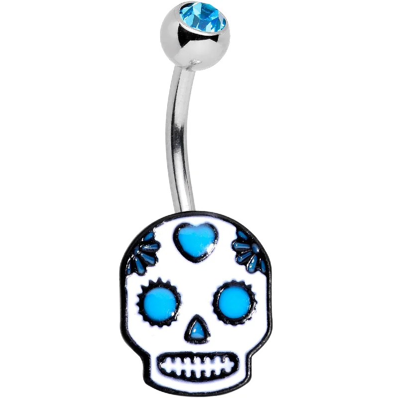 Comfortable Belly Rings with Beautiful Detailing -Aqua Gem I Heart Sugar Skulls Belly Ring Comfortable Belly Rings with Beautiful Detailing -Aqua Gem I Heart Sugar Skulls Belly Ring