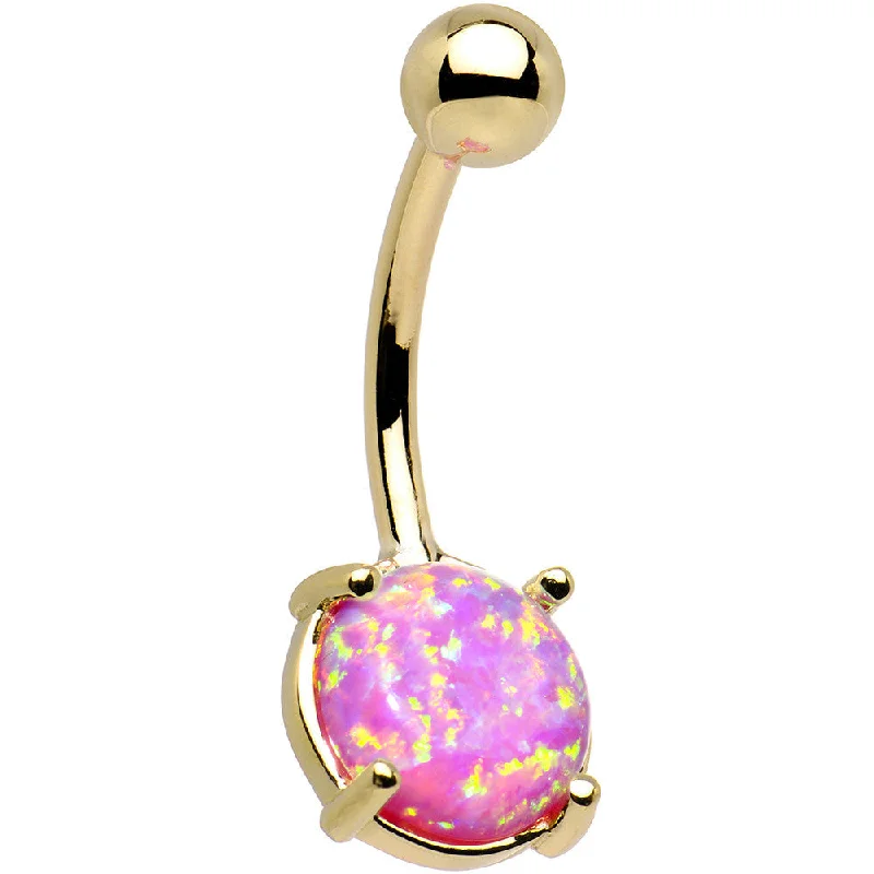 Belly Rings with Artistic Designs for Bold Fashion -Solid 14kt Yellow Gold 8mm Fuchsia Synthetic Opal Belly Ring Belly Rings with Artistic Designs for Bold Fashion -Solid 14kt Yellow Gold 8mm Fuchsia Synthetic Opal Belly Ring