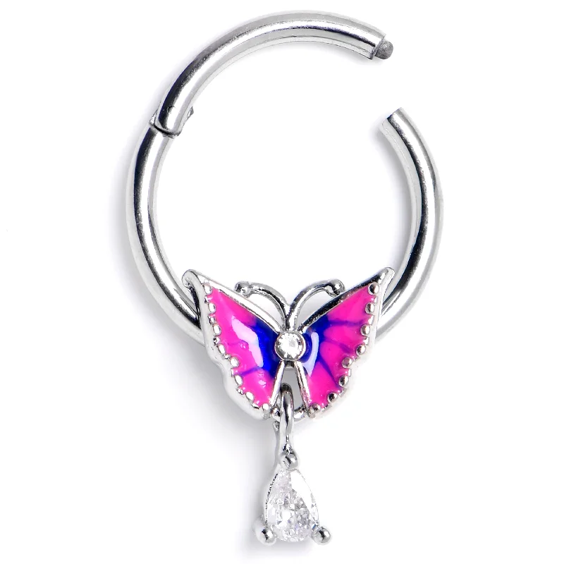 Women's Earrings – Elegant Designs for Every Personality--16 Gauge 3/8 Clear CZ Gem Butterfly Pink Blue Dangle Hinged Segment Ring Women's Earrings – Elegant Designs for Every Personality--16 Gauge 3/8 Clear CZ Gem Butterfly Pink Blue Dangle Hinged Segment Ring