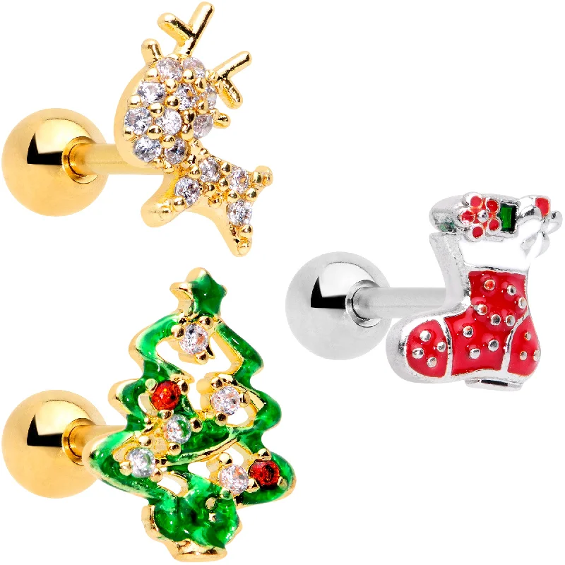 Women's Earrings – Elegant Designs for Every Personality--16 Gauge 1/4 Clear CZ Gem Gold Hue Christmas Tragus Earring Set of 3