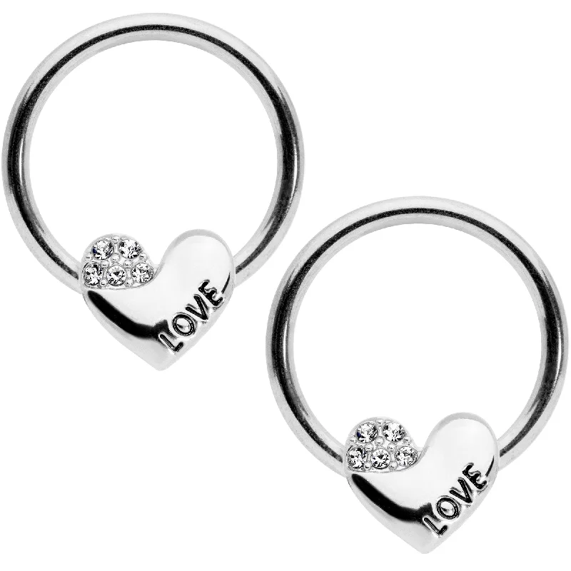 Bold and Beautiful Lip Rings for Trendsetters14 Gauge 1/2 Clear Gem Love Heart BCR Captive Nipple Ring Set Bold and Beautiful Lip Rings for Trendsetters14 Gauge 1/2 Clear Gem Love Heart BCR Captive Nipple Ring Set