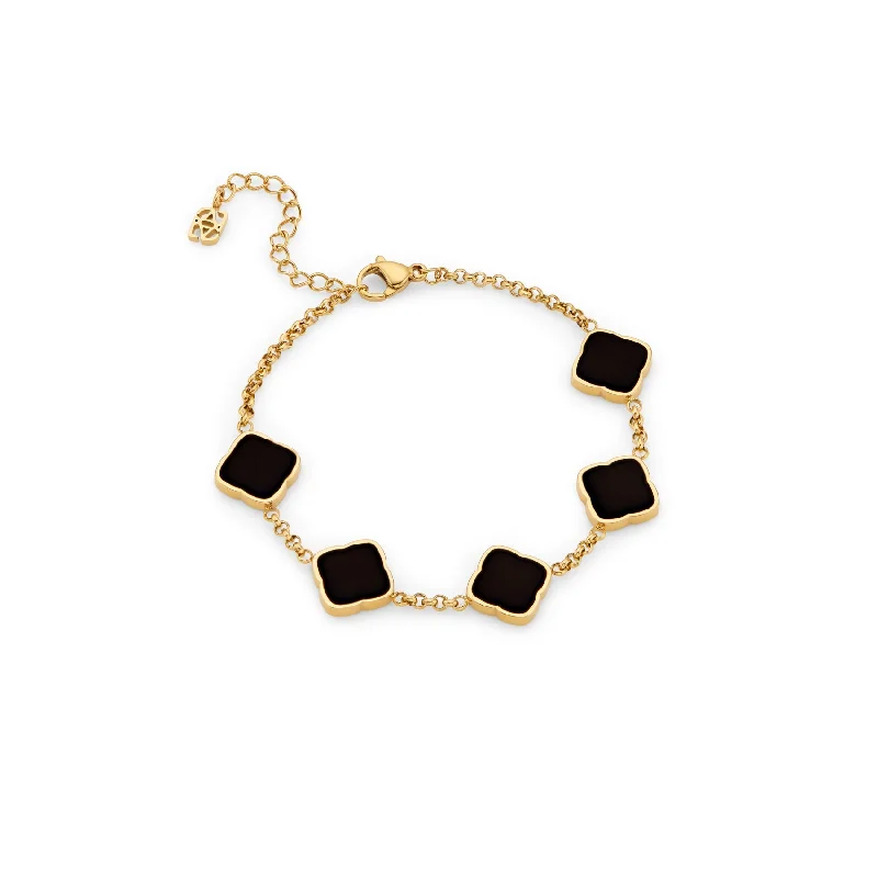 Personalized Bracelets and Bangles for Women-Black Enamel Multi Clover Bracelet (Gold) Personalized Bracelets and Bangles for Women-Black Enamel Multi Clover Bracelet (Gold)