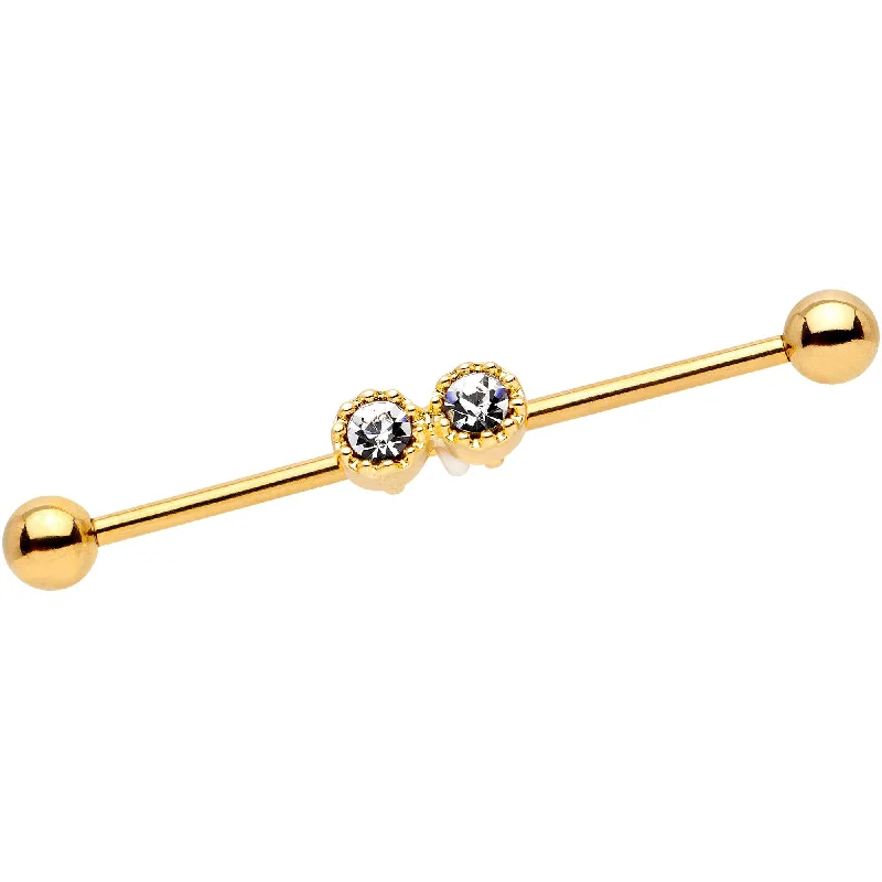 Women's Earrings – Elegant Designs for Every Personality--14 Gauge Clear Gem Gold Tone Double Drama Industrial Barbell 38mm