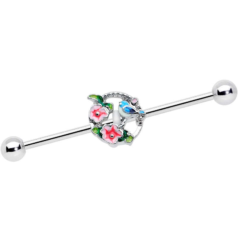 Women's Earrings – Elegant Designs for Every Personality--14 Gauge Little Blue Bird Pink Flowers Industrial Barbell 38mm
