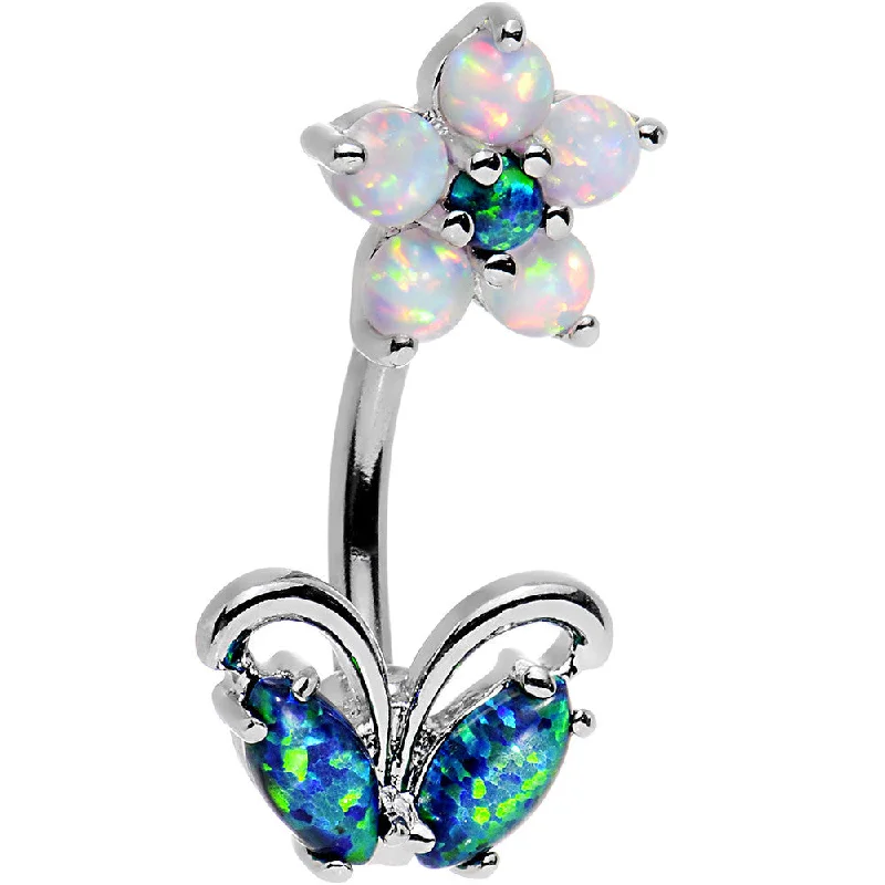 Comfortable Belly Rings with Chic Finish -Clear Aqua Faux Opal Flourishing Flower Double Mount Belly Ring Comfortable Belly Rings with Chic Finish -Clear Aqua Faux Opal Flourishing Flower Double Mount Belly Ring
