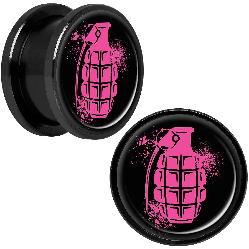 Women's Earrings – Elegant Designs for Every Personality--Pink Grenade Black Anodized Screw Fit Plug Set 5/8 Women's Earrings – Elegant Designs for Every Personality--Pink Grenade Black Anodized Screw Fit Plug Set 5/8