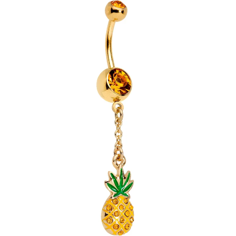 Comfortable Belly Rings for Smooth Feel -Orange Gem Gold Tone Anodized Pineapple Chain Dangle Belly Ring Comfortable Belly Rings for Smooth Feel -Orange Gem Gold Tone Anodized Pineapple Chain Dangle Belly Ring