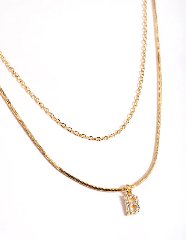 Shop Classic Women's Necklaces & Pendants with a Modern Twist-Letter B Gold Plated Layered Diamante Initial Necklace Shop Classic Women's Necklaces & Pendants with a Modern Twist-Letter B Gold Plated Layered Diamante Initial Necklace
