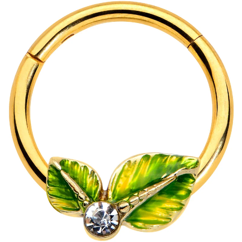 Nose Rings with Round Designs -16 Gauge 3/8 Clear Gem Gold Tone Lush Green Leaves Hinged Segment Ring Nose Rings with Round Designs -16 Gauge 3/8 Clear Gem Gold Tone Lush Green Leaves Hinged Segment Ring