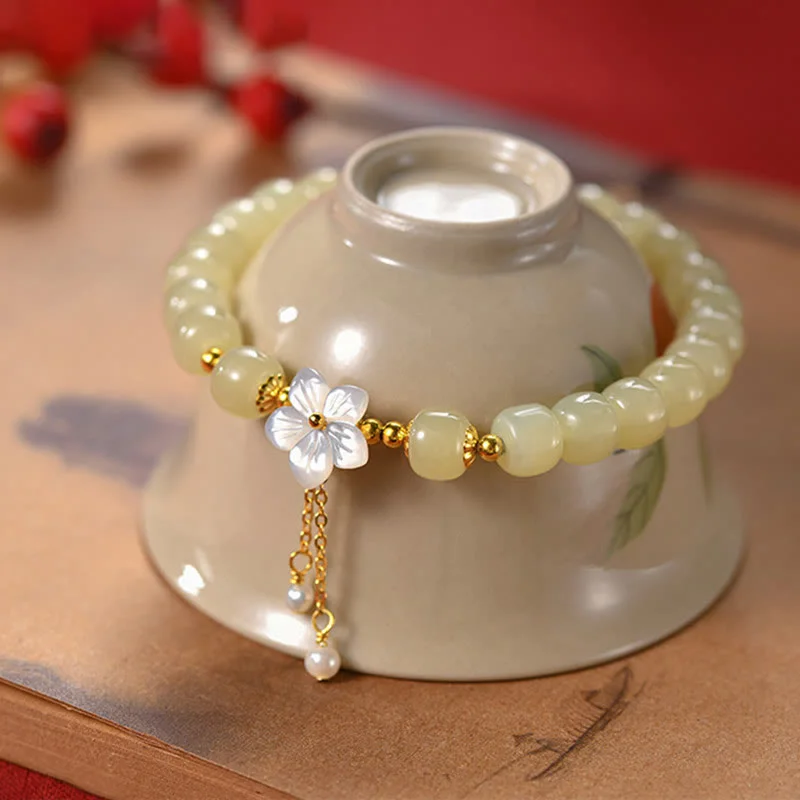 Leather Bangles for Women-Buddha Stones 925 Sterling Silver Natural Hetian Jade Luck Flower Bracelet Leather Bangles for Women-Buddha Stones 925 Sterling Silver Natural Hetian Jade Luck Flower Bracelet