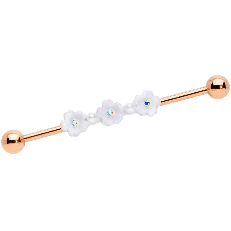 Women's Earrings – Elegant Designs for Every Personality--14 Gauge Aurora Gem Rose Gold Tone Flower Industrial Barbell 38mm