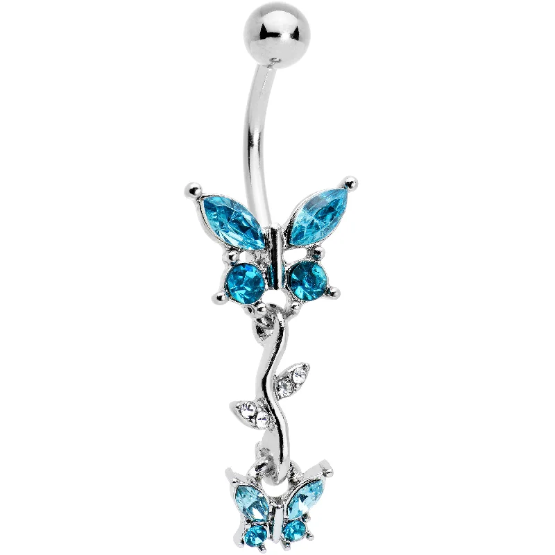 Comfortable Belly Rings for Easy Wear -Clear Aqua Gem Vine Butterfly Dangle Belly Ring Comfortable Belly Rings for Easy Wear -Clear Aqua Gem Vine Butterfly Dangle Belly Ring
