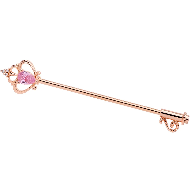 Women's Earrings – Elegant Designs for Every Personality--14 Gauge Pink CZ Gem Rose Gold Tone Princess Key Industrial Barbell 38mm