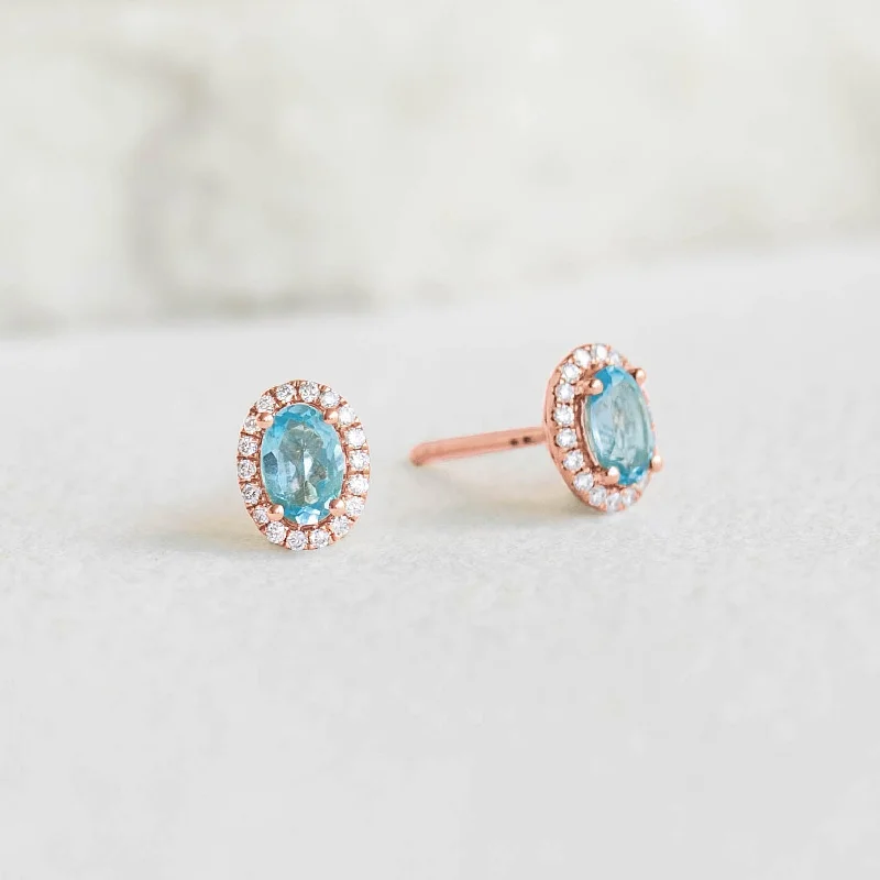 Women's Earrings – Elegant Designs for Every Personality--Swiss Blue Topaz Halo Stud Earrings Rose Gold - Marzia