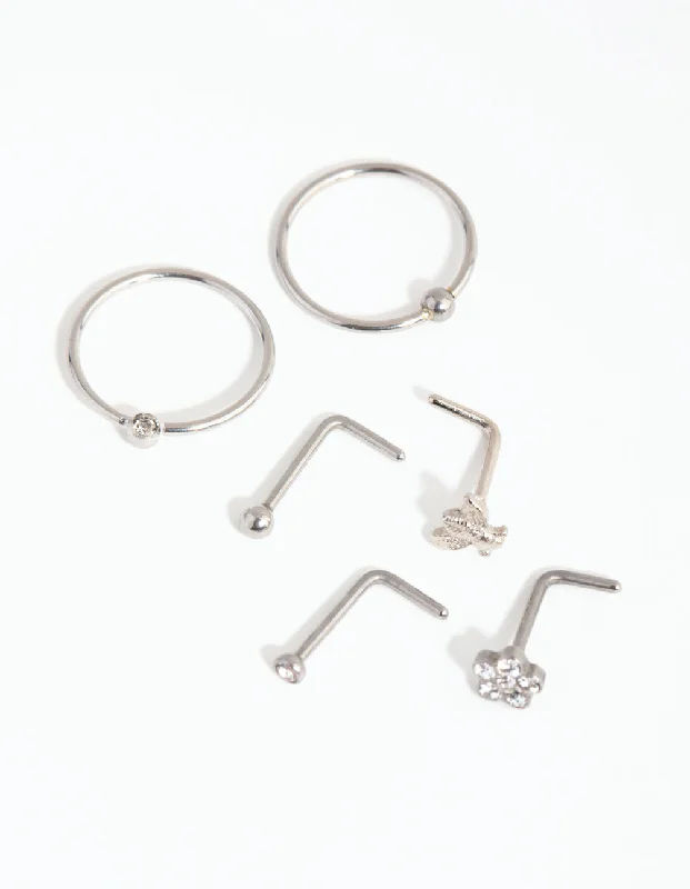 Nose Rings for Daily Use -Surgical Steel Flower & Bee Nose 6-Pack