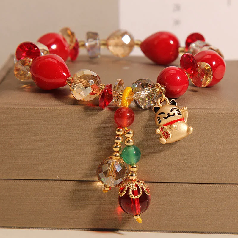 Women's Bangles with Precious Gemstones-Buddha Stones Red Stone Lucky Cat Rabbit Fu Character Fortune Bracelet Women's Bangles with Precious Gemstones-Buddha Stones Red Stone Lucky Cat Rabbit Fu Character Fortune Bracelet