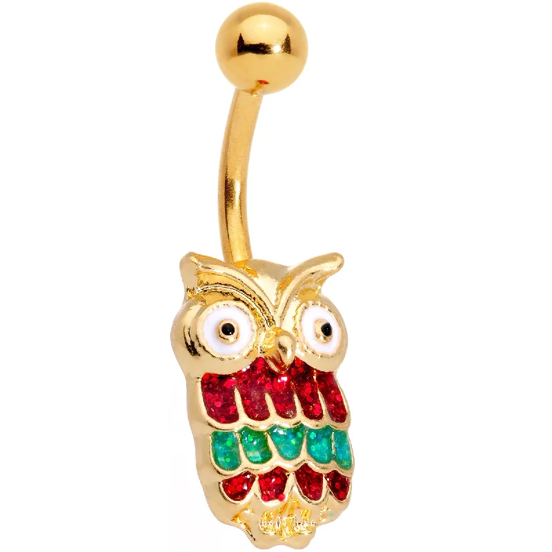 Fashionable Belly Rings for Exclusive Looks -Gold Tone Red Green Happy Holiday Christmas Hoot Owl Belly Ring Fashionable Belly Rings for Exclusive Looks -Gold Tone Red Green Happy Holiday Christmas Hoot Owl Belly Ring