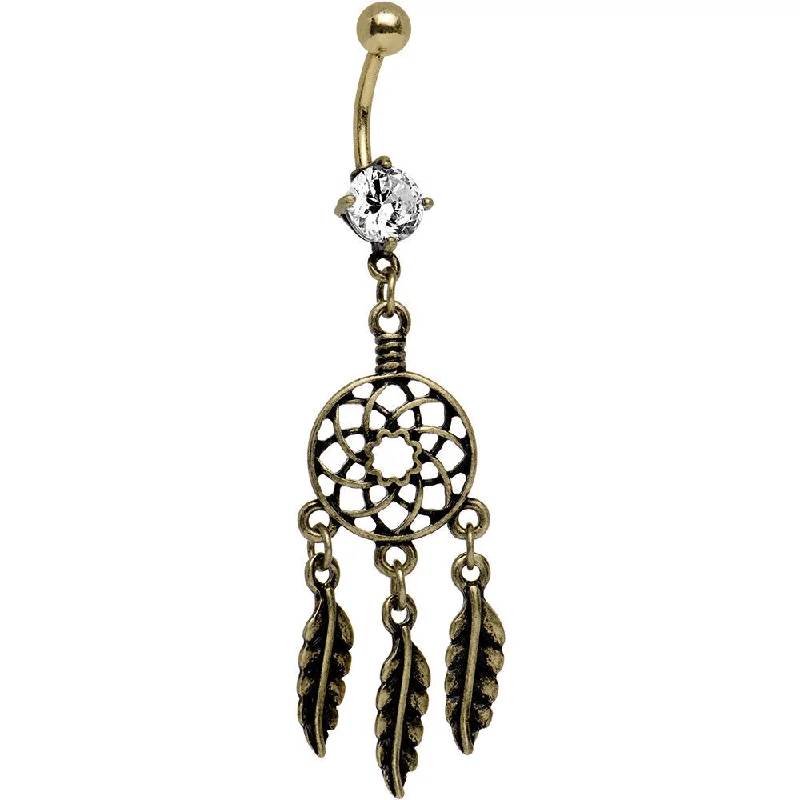 Beautiful Belly Rings with Dazzling Stones -Clear CZ Burnished Gold Anodized Dreamcatcher Dangle Belly Ring Beautiful Belly Rings with Dazzling Stones -Clear CZ Burnished Gold Anodized Dreamcatcher Dangle Belly Ring