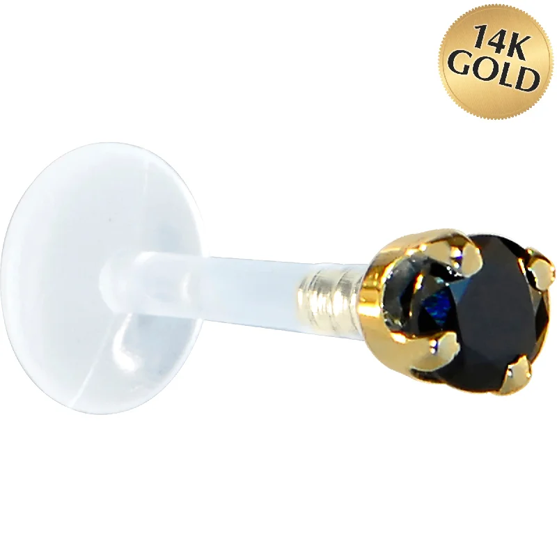 Women's Earrings – Elegant Designs for Every Personality--16 Gauge 5/16 Solid 14KT Yellow Gold 3mm Black Cubic Zirconia Bioplast Tragus Earring Stud