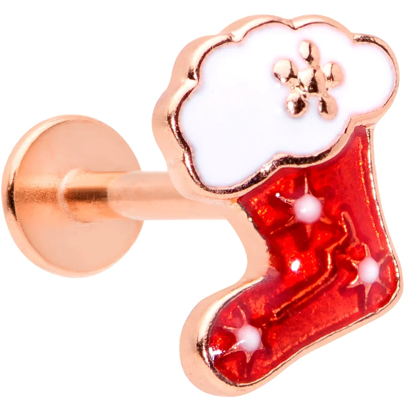 Comfortable Lip Rings for Active Lifestyle16 Gauge 5/16 Rose Gold Tone Red Christmas Stocking Labret Tragus