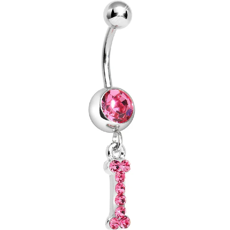 Belly Rings for Fashion Enthusiasts -Pink Gem Letter I Initial Dangle Belly Ring