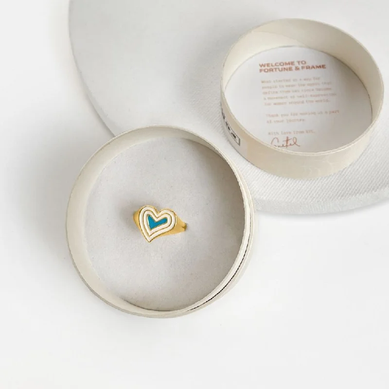 Chic Women's Rings for Fashion-Forward Looks-Deco Heart Signet Ring (Ivory & Turquoise) - Gold