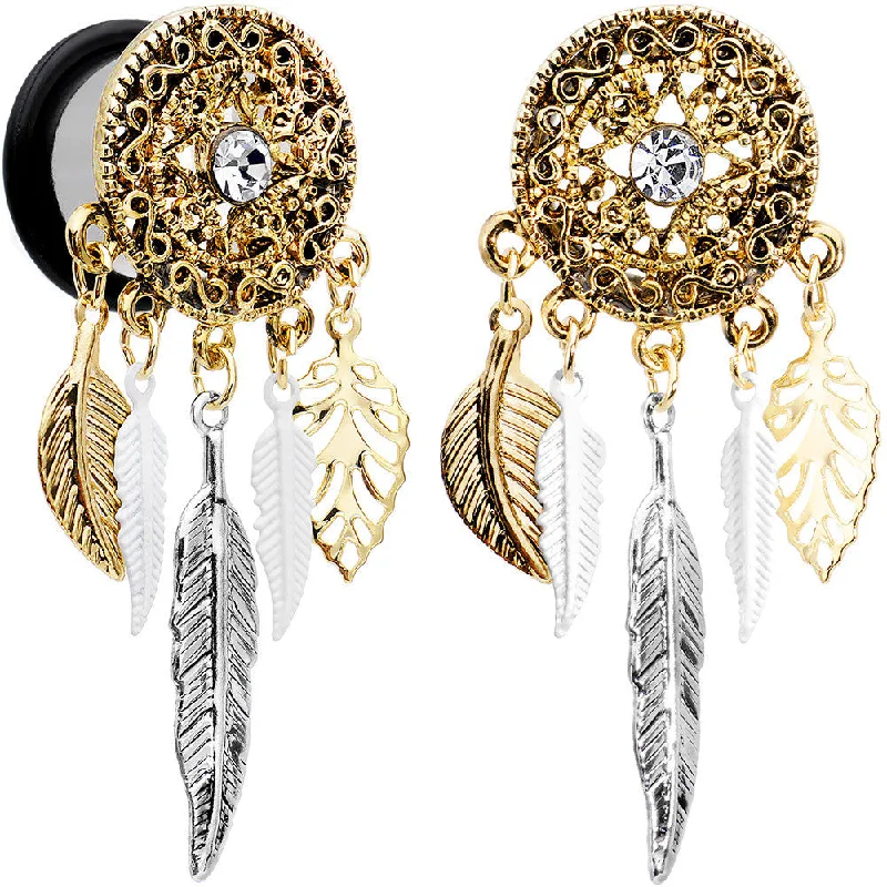 Women's Earrings – Elegant Designs for Every Personality--9/16 Clear Gem Ornate Gold Disc Leaf Feather Dangle Plug Set Women's Earrings – Elegant Designs for Every Personality--9/16 Clear Gem Ornate Gold Disc Leaf Feather Dangle Plug Set