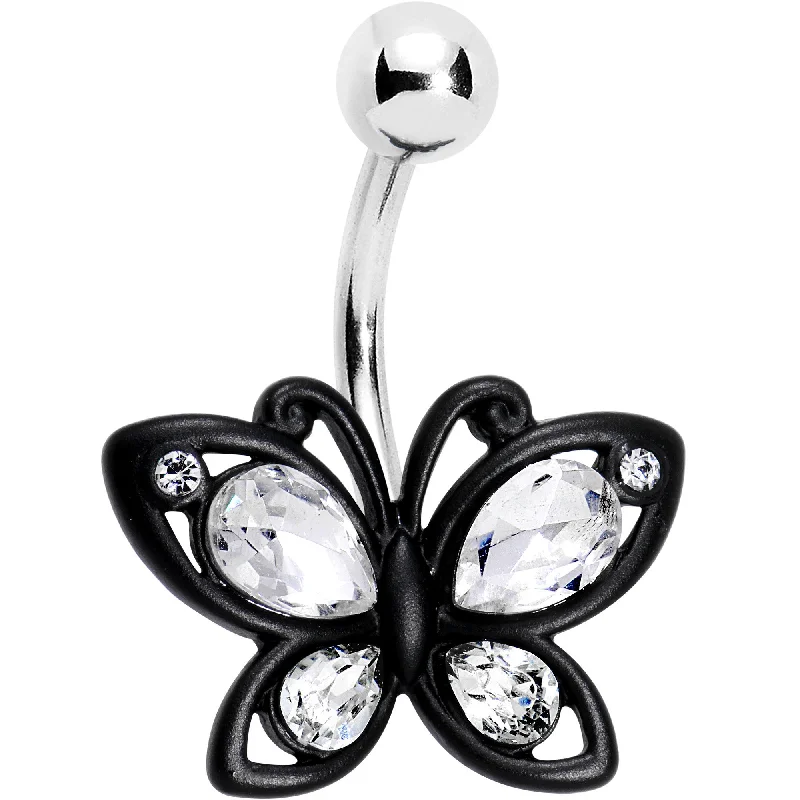 Simple Belly Rings with Elegant Accents -Clear Gem Black Baby Butterfly Belly Ring