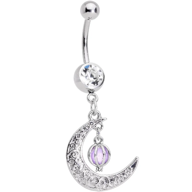 Designer Belly Rings for Unique Style -Clear Gem Ornate Moon Orb Dangle Belly Ring