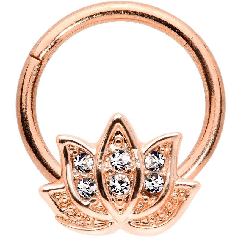 Sterling Silver Nose Rings -16 Gauge 3/8 Clear Gem Rose Gold Tone Lotus Flower Hinged Segment Ring Sterling Silver Nose Rings -16 Gauge 3/8 Clear Gem Rose Gold Tone Lotus Flower Hinged Segment Ring