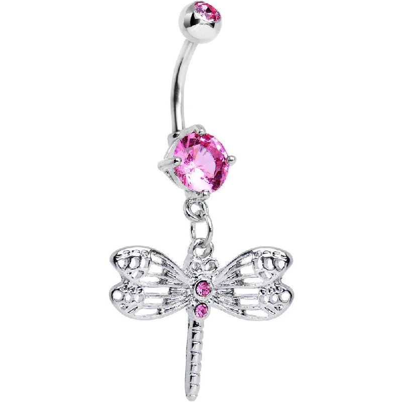 Belly Rings with Unique Shape Designs -Double Pink Gem Hollow Dragonfly Dangle Belly Ring Belly Rings with Unique Shape Designs -Double Pink Gem Hollow Dragonfly Dangle Belly Ring
