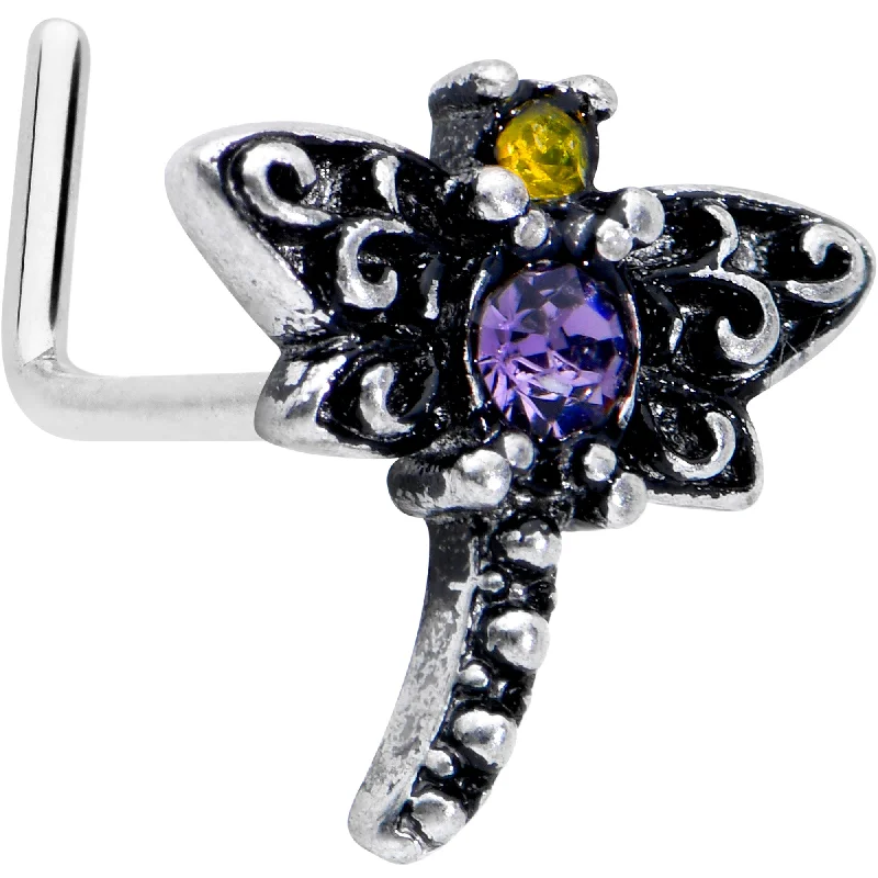 Simple Nose Rings with Subtle Glam -20 Gauge 7mm Purple Yellow Gem Dragonfly L Shape Nose Ring Simple Nose Rings with Subtle Glam -20 Gauge 7mm Purple Yellow Gem Dragonfly L Shape Nose Ring