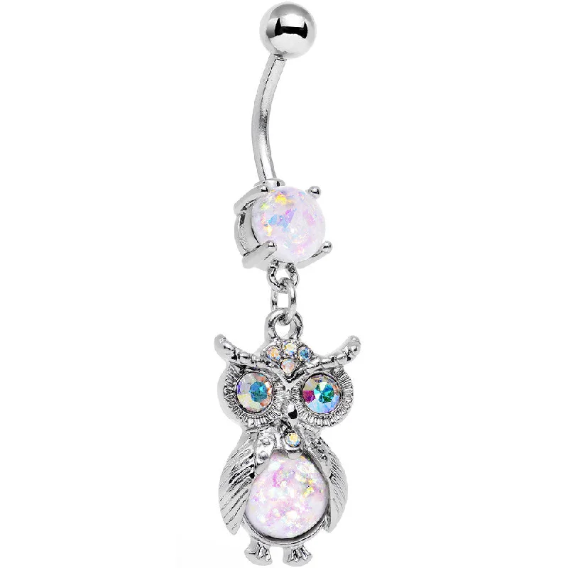 Comfortable Belly Rings with Stylish Accents -White Faux Opal Aurora Gem No Ordinary Owl Dangle Belly Ring Comfortable Belly Rings with Stylish Accents -White Faux Opal Aurora Gem No Ordinary Owl Dangle Belly Ring