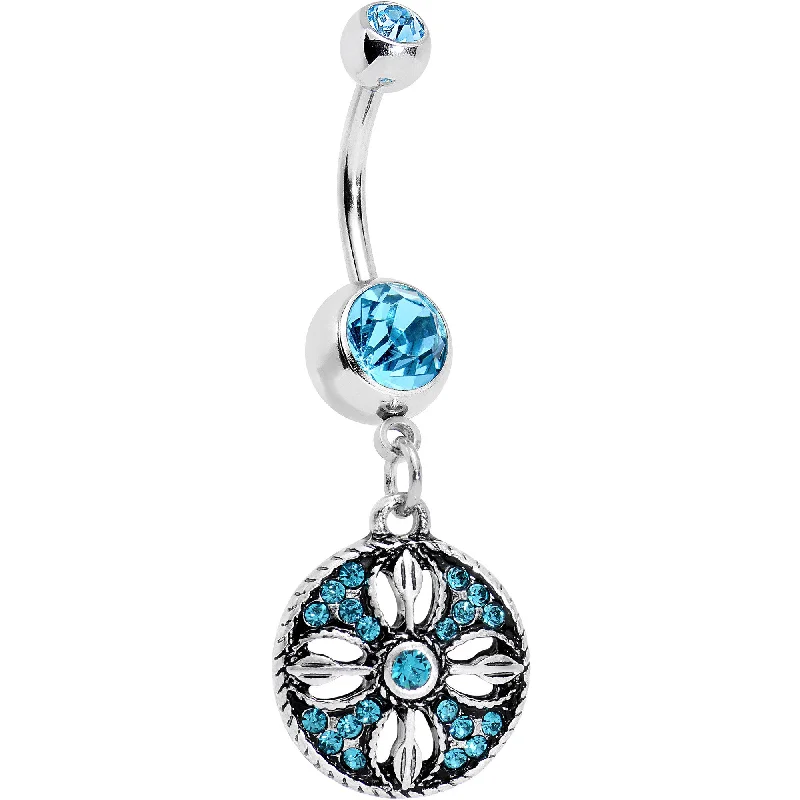 Belly Rings with Designer Finish for Exclusive Looks -Aqua Gem Southwestern Flowering Disc Dangle Belly Ring Belly Rings with Designer Finish for Exclusive Looks -Aqua Gem Southwestern Flowering Disc Dangle Belly Ring