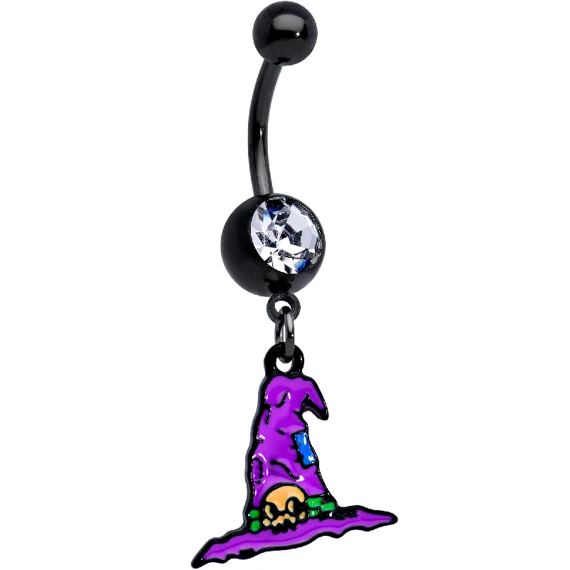 Trendy Belly Rings for Bold and Creative Fashion -Clear Gem Black Witches Purple Hat Halloween Dangle Belly Ring Trendy Belly Rings for Bold and Creative Fashion -Clear Gem Black Witches Purple Hat Halloween Dangle Belly Ring