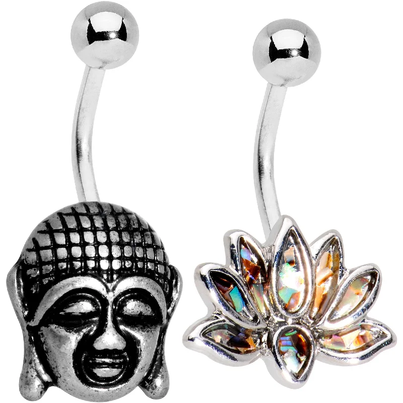 Minimalist Belly Rings for Subtle Beauty -Iridescent Lotus Flower and Ancient Buddha Belly Ring Set of 2