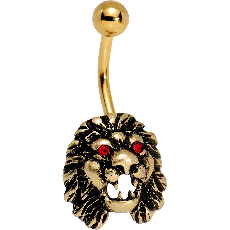 Trendy Belly Rings with Shiny Stones -Red Gem Gold PVD Ferocious Eye of the Lion Belly Ring