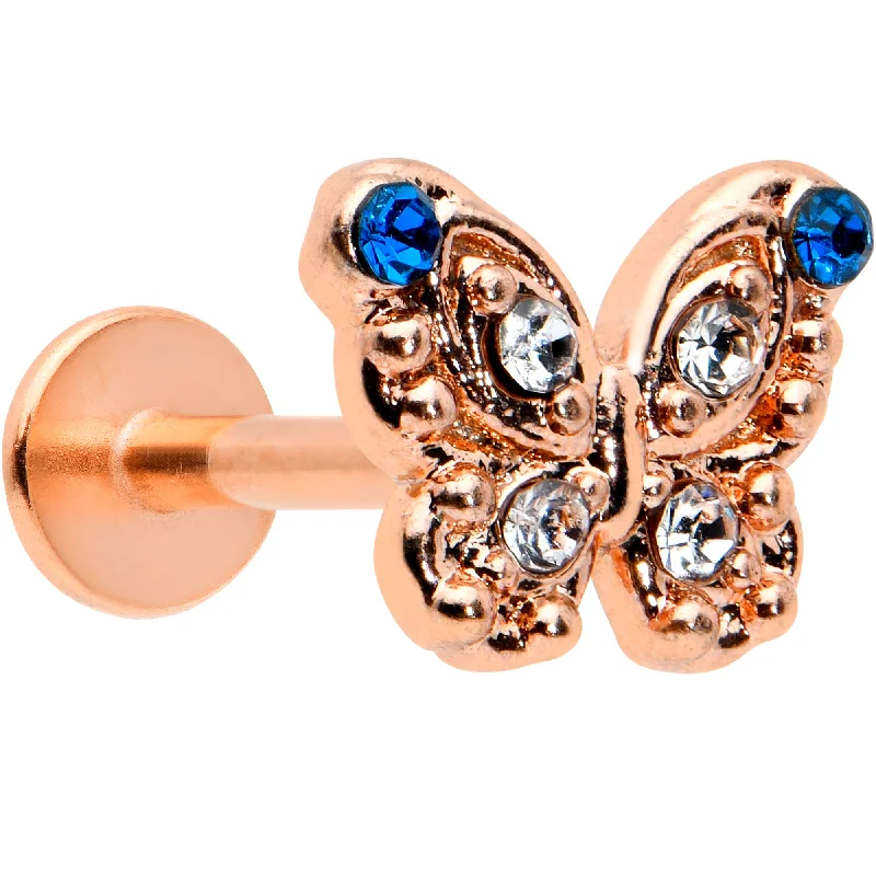 Classic Lip Rings for Elegant Piercings16 Gauge 5/16 Blue Gem Rose Gold Tone Butterfly Labret Monroe Tragus