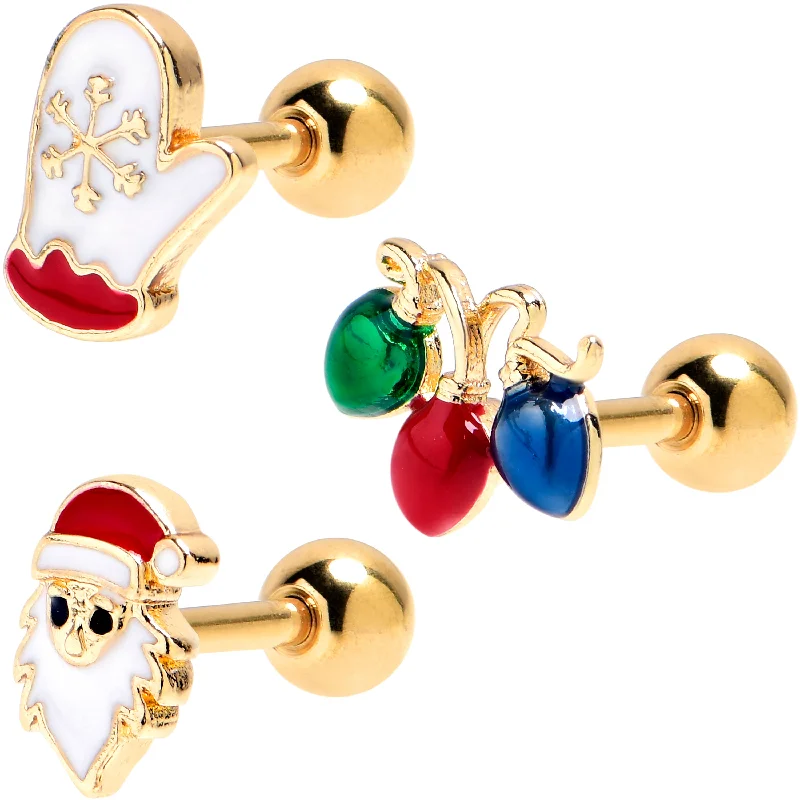 Women's Earrings – Elegant Designs for Every Personality--16 Gauge 1/4 Gold Tone Santa Mitten Lights Cartilage Tragus Set of 3
