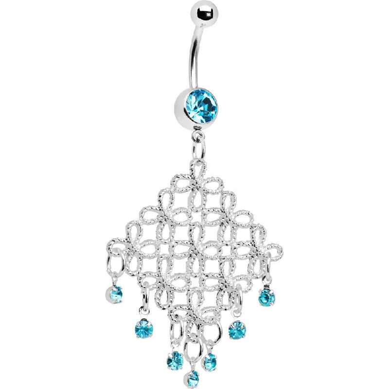 Belly Rings with Heart-Shaped Designs -Aqua Diamond Cascade Chandelier Belly Ring