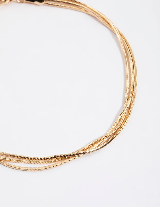 Stunning Anklets with Creative Features-Gold Triple Row Snake Chain Anklet