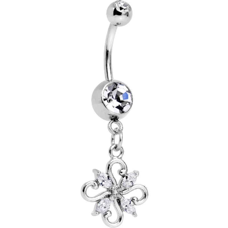Trendy Belly Rings for Bold Style -Clear CZ Gem Fashionable Framework Twist Dangle Belly Ring Trendy Belly Rings for Bold Style -Clear CZ Gem Fashionable Framework Twist Dangle Belly Ring