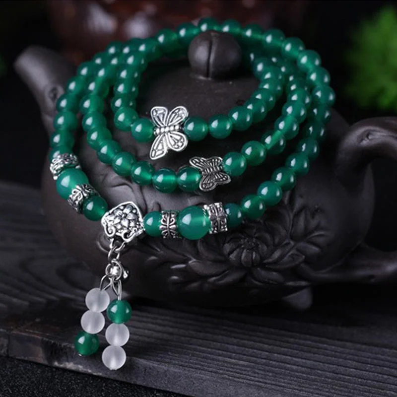 Men's Bracelets with Charm Pendants-Buddha Stones Natural Green Agate Butterfly Support Bracelet