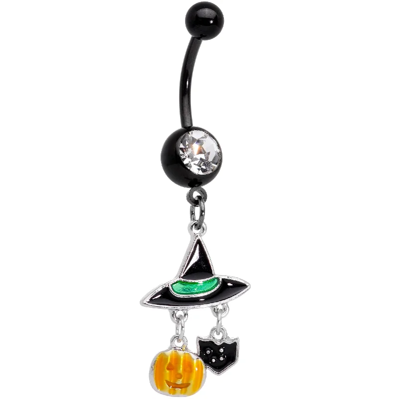 Trendy Belly Rings for Statement Designs -Clear Gem Black Cat Witch Hat Halloween Dangle Belly Ring Trendy Belly Rings for Statement Designs -Clear Gem Black Cat Witch Hat Halloween Dangle Belly Ring