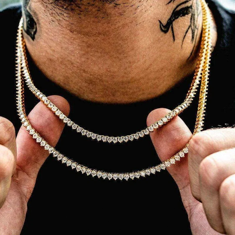 Cuff Bracelets for Men with Engravable Plates-3 Prong Tennis Chain in Yellow Gold