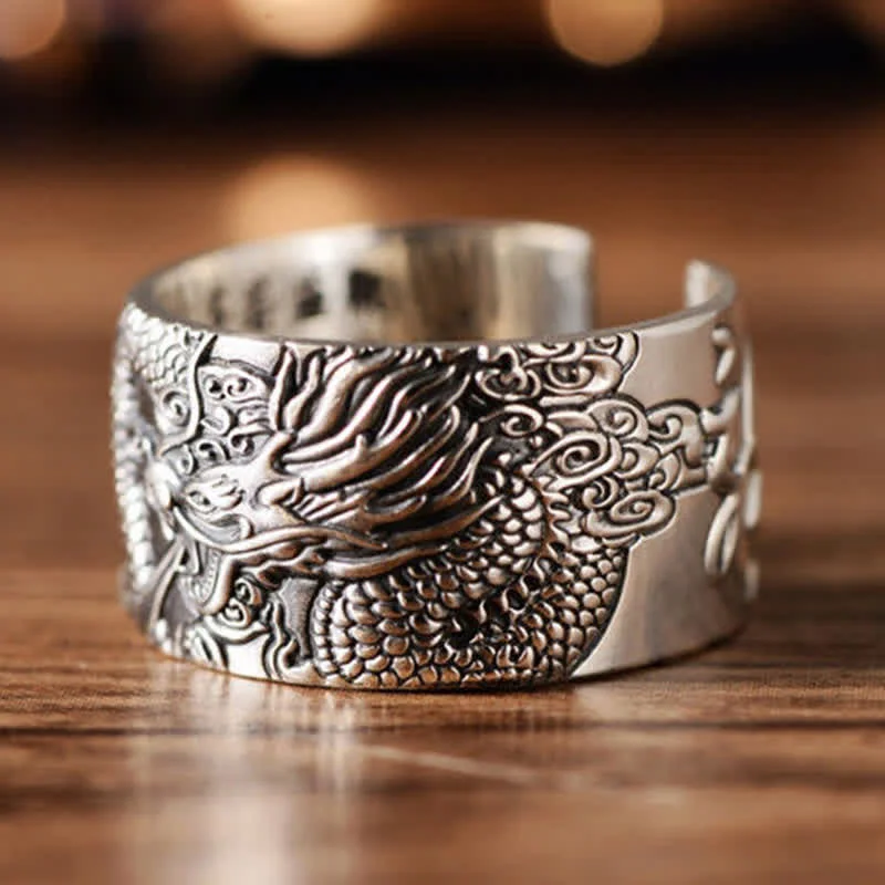 Chic Women's Rings for Fashion-Forward Looks-Buddha Stones 999 Sterling Silver Dragon Carved Pattern Protection Success Ring Chic Women's Rings for Fashion-Forward Looks-Buddha Stones 999 Sterling Silver Dragon Carved Pattern Protection Success Ring